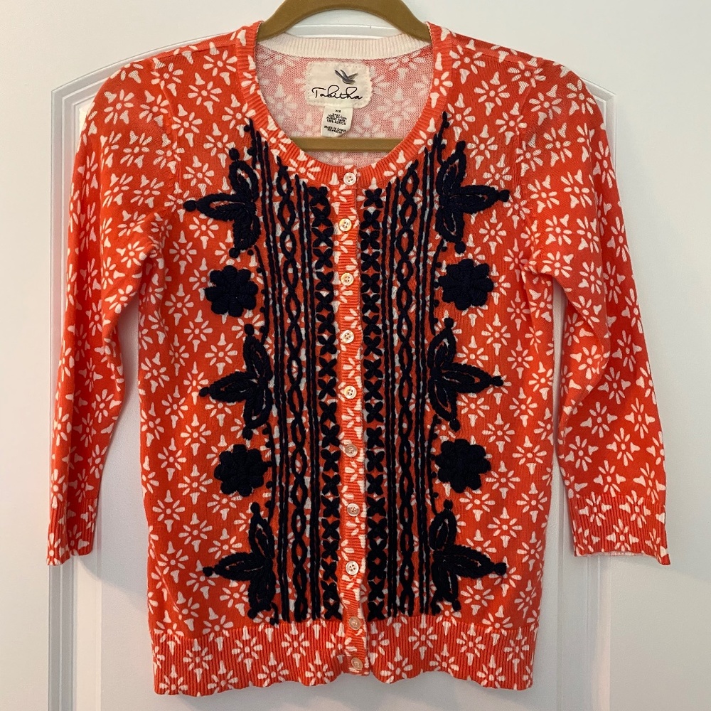 Anthropologie Tabitha button up orange/blue sweater XS